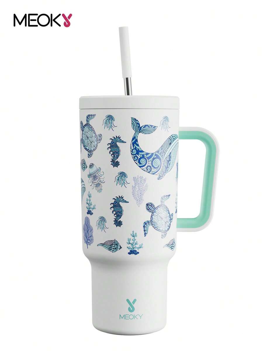 Meoky 40oz Handled Straw Vacuum Insulated Water Bottle, Stainless Steel Insulated Travel Mug With Lid And Straw, 100% Leak Proof, Keeps Cold For 34 Hours Or Hot For 10 Hours (Glow In The Dark Ocean Animal Pattern)