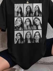 Customized Photo Loose T-Shirt, Personalized Print T-Shirt, Vintage Rap Style 9-Grid Collage Design, Custom Slogan Tee Summer Black, Graphic Tees - Black - View 2