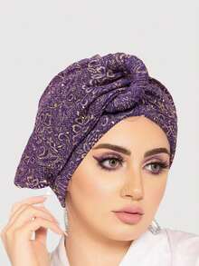 1pc Women Sparkling Crinkle Twist Headwrap Turban Hat With Gold Snap Button