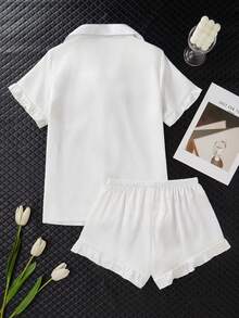 Women's Summer Satin Sleepwear Set, Short Sleeve Top And Shorts 2 Pieces Solid Color Ruffle Pocket Pajama Set - White - View 2