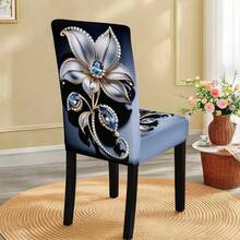 Juego de 1/4/5/6/7 piezas de funda para silla y mantel, juego de 5 piezas / 7 piezas (1 mantel + 4 fundas para silla o 1 mantel + 6 fundas para silla) con patrón de flores de gema de plata de alta calidad, adecuado para la decoración diaria moderna en interiores, hogar, restaurante, hotel. El mantel es adecuado para mesas cuadradas, y las fundas elásticas para sillas se pueden lavar. - YT-074 - Ver 3