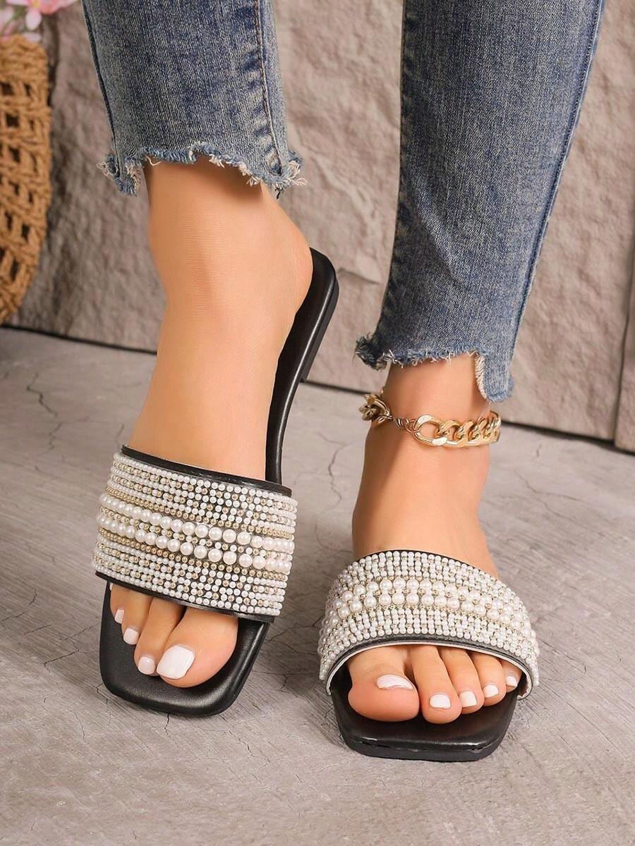 Nuevas sandalias de playa versátiles de mujer de talla grande de lujo, con diseño cuadrado antideslizante, con adorno de rhinestones y perlas - Negro - Ver 1