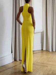 High Neck Sleeveless Fitted Long Party Dress, Spring/Summer - Yellow - View 2