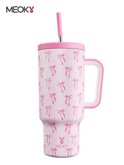 40oz Handled Straw Insulated Tumbler, Vacuum Insulated Water Bottle With Straw Lid, Stainless Steel Insulated Travel Mug, 100% Leak Proof, Keeps Cold For 34 Hours (Pink Bow)