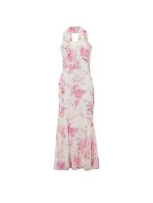 2PCS Women Floral Strapless Maxi Dress With Neck Scarf Backless Bodycon Tube Long Dresses Flower Mesh Summer Sundress - 白色 - 查看 5