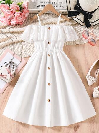 少女荷叶边露肩镂空吊带背心连衣裙