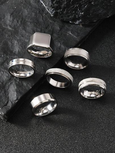 6 Pieces Fashion Simple Stainless Steel Men'S Ring Set Horizontal Sand Steps Snake Turning Element Suitable For Men'S Daily Match Holiday Dating Gift Jewelry