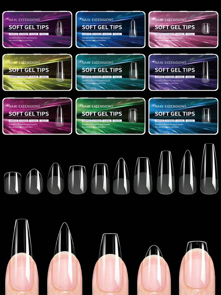 440/550片透明假指甲软凝胶半哑光全覆盖按压指甲杏仁形棺材椭圆形人造加厚前缘薄后缘假指甲DIY指甲延长美甲用品