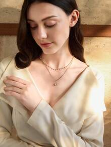 Faux Pearl Decor Necklace, Solid Color Minimalist Multi-Functional Winter Gifts - Yellow Gold - View 3