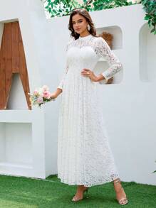 Vestido de Noiva Feminino de Renda com Mangas Longas, Gola Alta, Costas Abertas, Balanço Longo até o Chão, Vestido de Festa Elegante