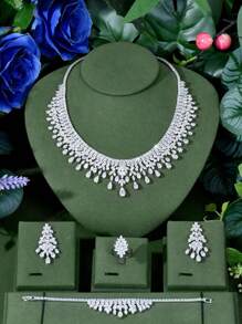 1 Set Elegant Cubic Zirconia Water Drop Decor Jewelry Set, Suitable As Anniversary Gift For Women