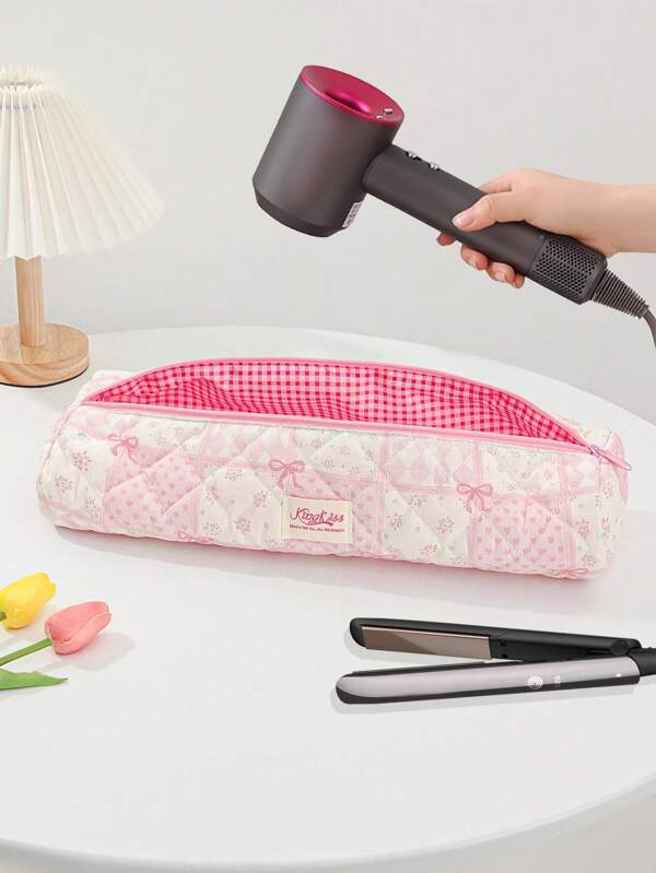 1 pezzo Borsa leggera per asciugacapelli e accessori con fiocco rosa, adatta per il trasporto di asciugacapelli, piastra per capelli, spazzole e altri accessori da viaggio, borsa multi-funzionale grande, impermeabile e resistente alla polvere per cosmetici e accessori da toilette.