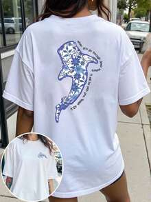 Funny Graphic Tee Women, Loose Fit Round Neck Whale Slogan Contrast Color T-Shirt, Casual Summer Top, Cute Animal Design, Ocean Lover Tee, Whimsical Print, Free Shipping - 白色 - 查看 1