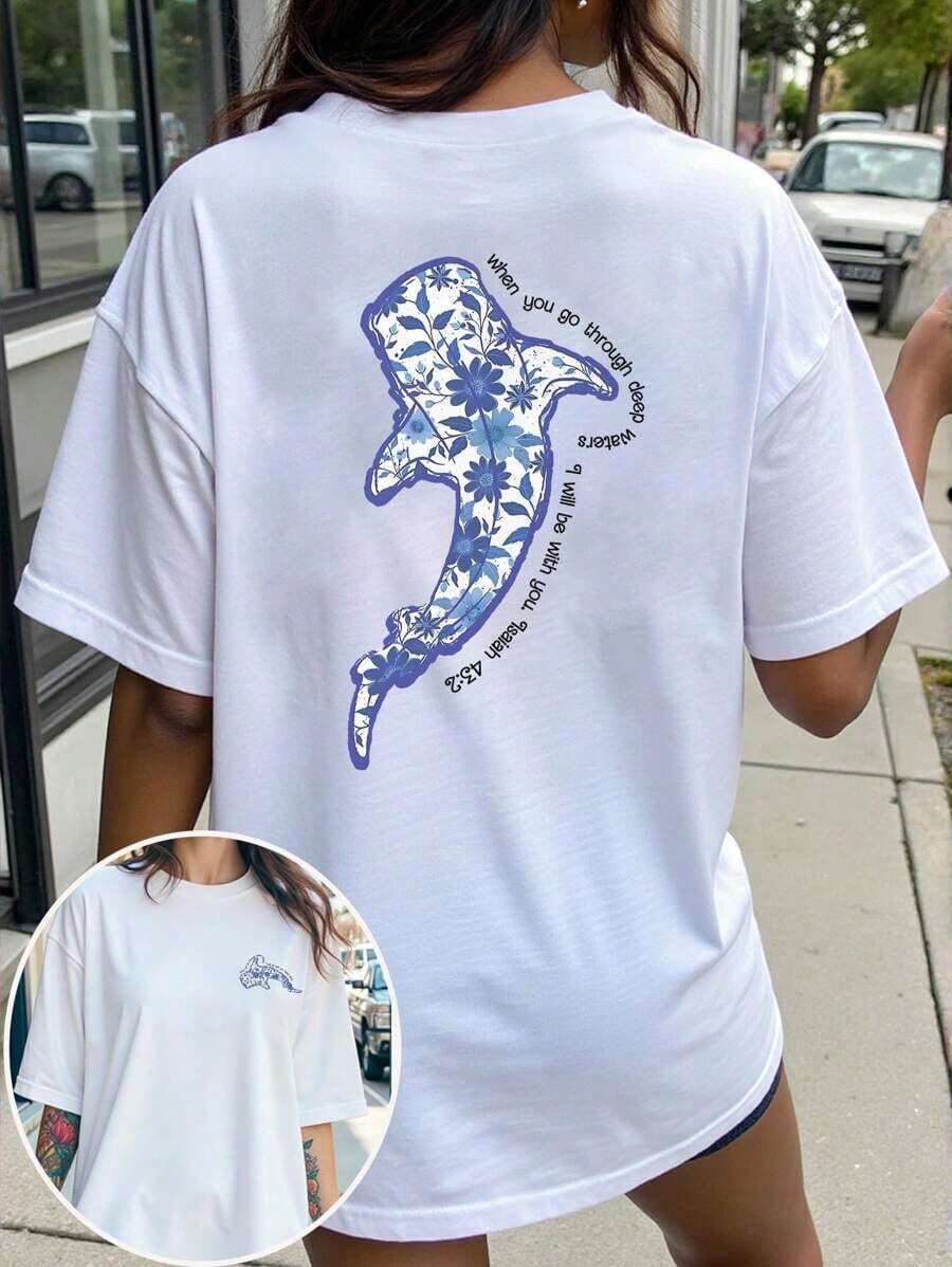 Funny Graphic Tee Women, Loose Fit Round Neck Whale Slogan Contrast Color T-Shirt, Casual Summer Top, Cute Animal Design, Ocean Lover Tee, Whimsical Print, Free Shipping - 白色 - 查看 1