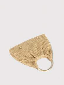 Bolso de mano de mujer de moda Talla S con decoración de remaches, bolso de paja fruncida, bolso tejido, bolso de asa superior para el verano
