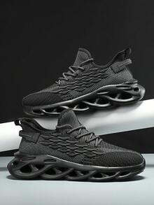 Pure Black 3D Scale Textured Knit Upper Men's Casual Shoes, Personalized Wave Hollow Thick Sole Lace-Up Street Style Chunky Sneakers - Black - View 5