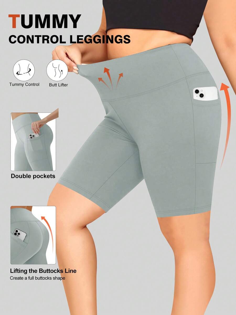 Shorts de Ciclismo Leves com Sensação de Nudez para Mulheres Plus Size, Shorts Elásticos de Cintura Alta para Fitness, Corrida e Esportes com Controle de Barriga e Bolsos