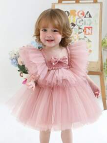 Baby Mädchen Pailletten Schleife Tüll Kurzarm Elegantes Kleid, Prinzessinnenkleid geeignet als Geschenk zum 1. Geburtstag, für Bankette, Partys, Hochzeiten als Blumenmädchen Outfit