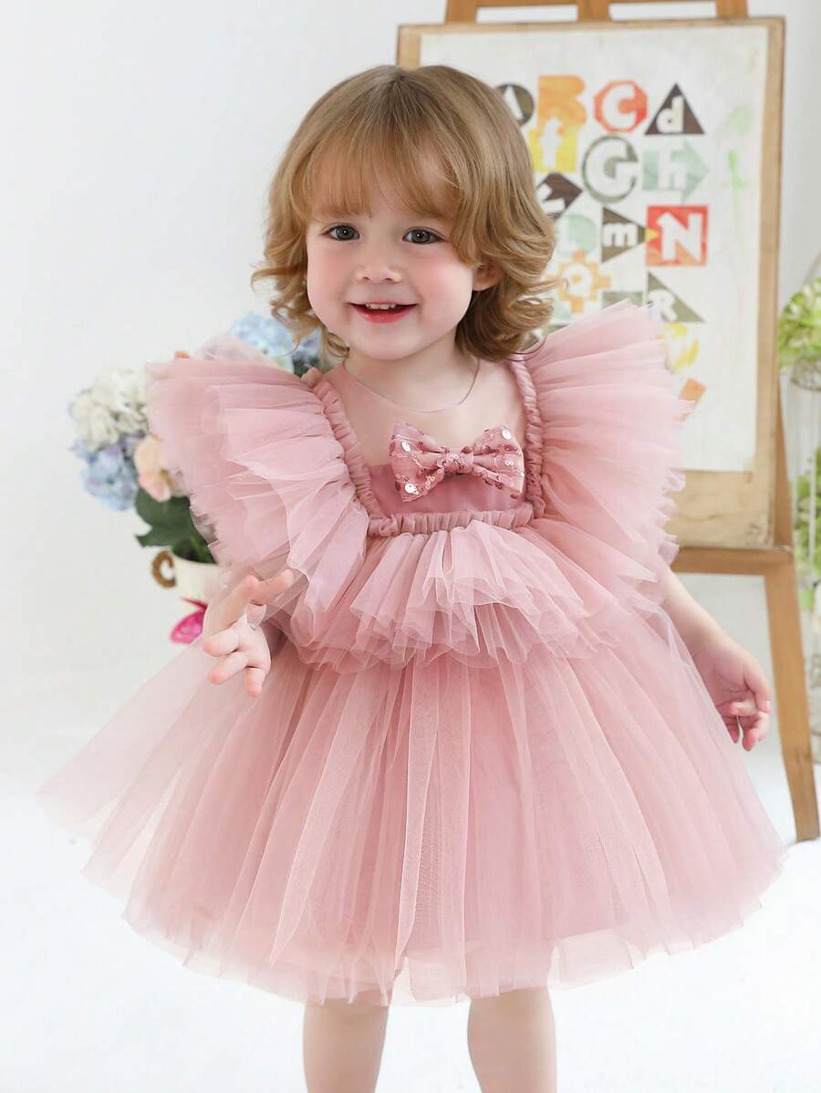 Baby Mädchen Pailletten Schleife Tüll Kurzarm Elegantes Kleid, Prinzessinnenkleid geeignet als Geschenk zum 1. Geburtstag, für Bankette, Partys, Hochzeiten als Blumenmädchen Outfit