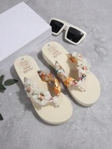Sandálias de Praia com Decoração Floral Casual, Chinelos Slip-On para Praia e Viagens, Design Simples e Fresco