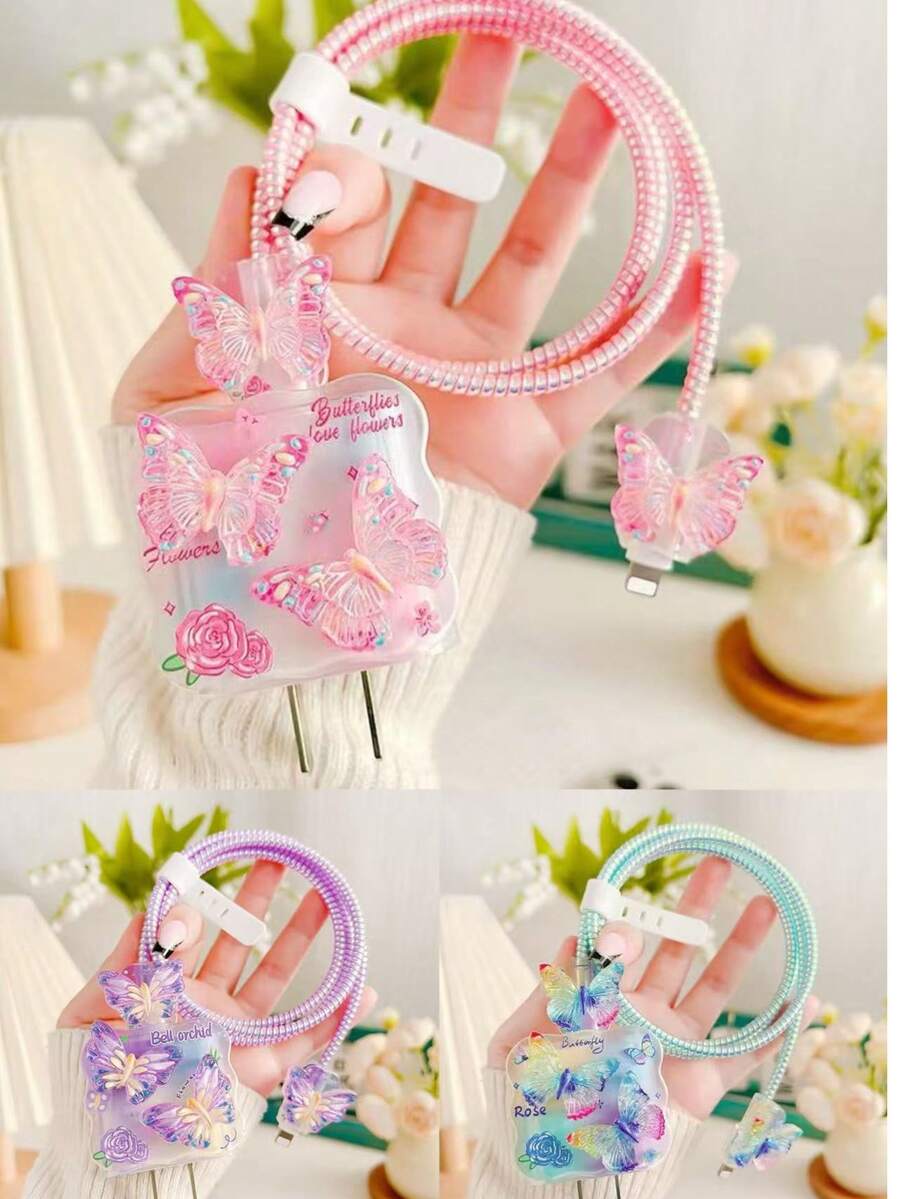 5个3D蝴蝶造型充电适配器保护套，数据线保护套，兼容 16 Pro Max，兼容 16/15/14/13，18/20W快充适配器，送给男朋友/女朋友的礼物 - 彩色 - 查看 1