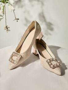 新款女士法式低跟粗跟高跟鞋，尖头新娘婚鞋，春秋季圣诞节冬季圣诞礼物 - 香檳色 - 查看 9