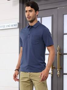 Men's Knit Cozy Short Sleeve Strip Polo Shirt, Business Casual Golf Striped Shirt - Màu xanh lam - Xem 2