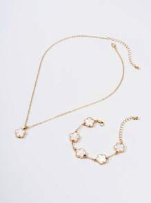 Set de 2 piezas - 1 colgante + 1 pulsera, Charm ovalado de trébol de 5 hojas minimalista y de lujo, adecuado como regalo para novia, boda, graduación o cita