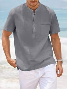 Camisa casual de manga corta con botones y patrón de monedas vintage retro para hombres, versátil para todas las estaciones, uso diario - Gris - Ver 3