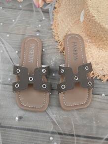 1 Pair Girls Open Toe PU Leather Flat Non-Slip Bottom Slide Sandals, Comfortable Fashion Suitable For Summer Outdoor, Beach