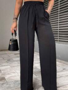 Simple Casual Drawstring Pocket Trousers Daily Winter Pants - 黑色 - 查看 4