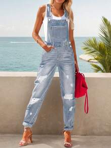 Blue High-Waisted Suspender Casual Commuter Jeans For Women - Blue - View 4