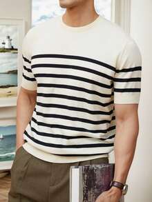 Men's Casual Black & White Striped Knit Short Sleeve T-Shirt - Black and White - View 8