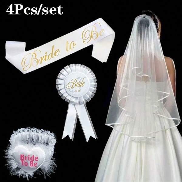 4pcs/Set "Bride To Be" Bridal Party Decoration Set, Including Veil, Shoulder Strap, Brooch, Wedding Ceremony & Bachelorette Party Celebration Supplies