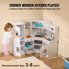 Cocina de juguete de madera esquinera, juego de juguetes con luces y sonidos, cocina infantil con máquina de hielo, horno, fregadero, reloj, microondas, refrigerador y accesorios, para niños pequeños y preescolares, color blanco - Blanco - Ver 3
