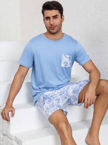 Set de pijamale casual pentru bărbați, top cu mânecă scurtă și pantaloni scurți moi și respirabili, potrivit pentru acasă și exterior, primăvară/vară