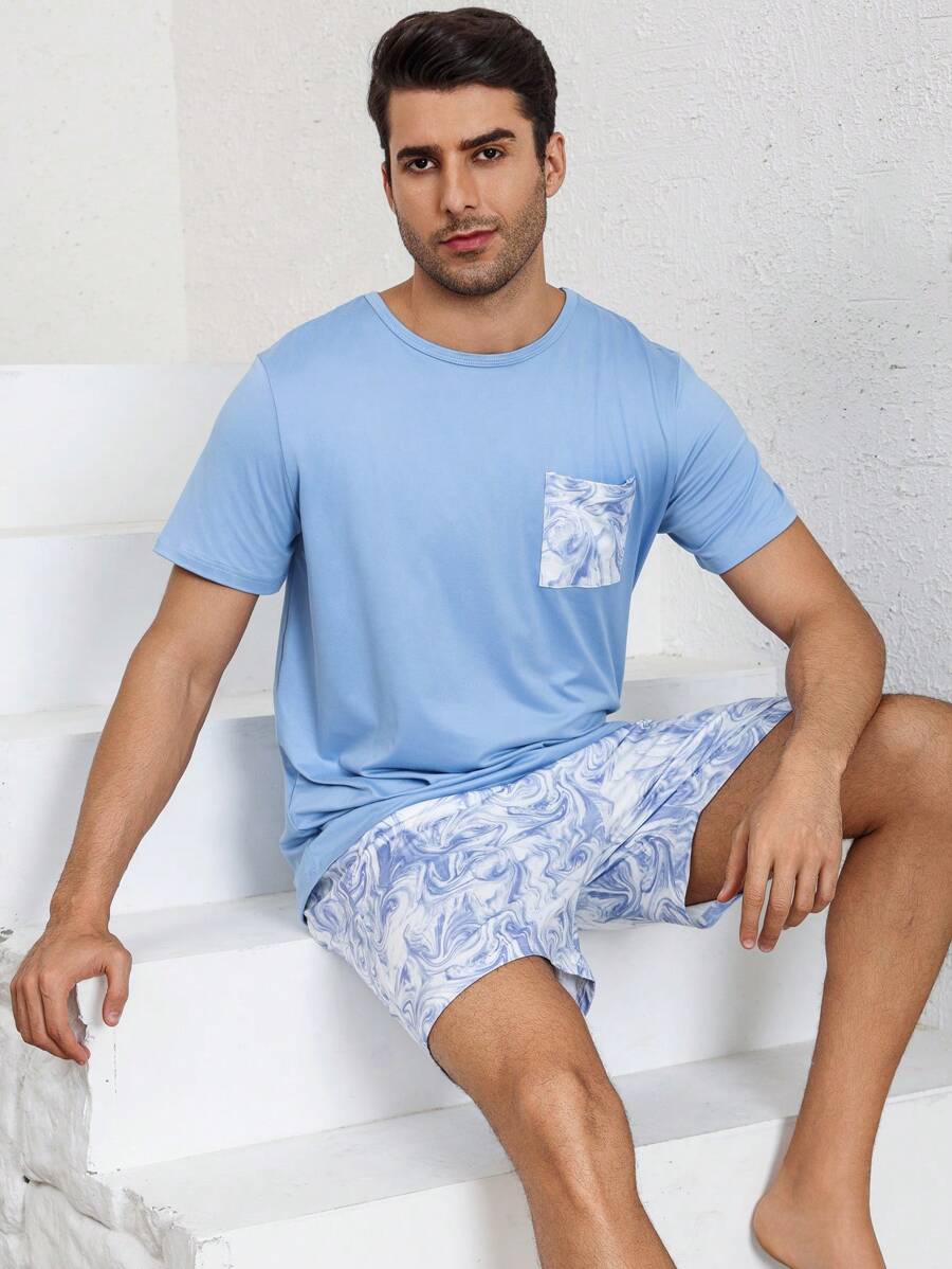 Set de pijamale casual pentru bărbați, top cu mânecă scurtă și pantaloni scurți moi și respirabili, potrivit pentru acasă și exterior, primăvară/vară