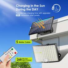 1/2pcs Solar Lights, [268LED/5 Modes/] 16.4ft Extension Cable Super Bright Motion Sensor, With The Latest 3 Bright Always-On Light Modes From Dusk To Dawn, Remote Control, IP65 Waterproof, LED Solar Lights Suitable For Garden Patio Courtyard Garage Corridor