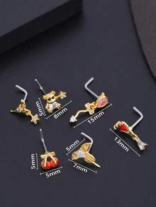 5/6/22pcs Copper Zirconia Butterfly, Heart Geometric L-Shaped Nose Stud & Earrings, Unisex Piercing Jewelry For Daily Wear - Multicolor - View 7