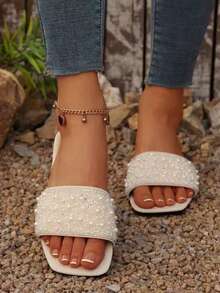 Solid Color Rhinestone Slide Sandals, Comfortable Flat Non-Slip Open-Toe Slippers, European And American Style,Summer Shoes - White - View 3