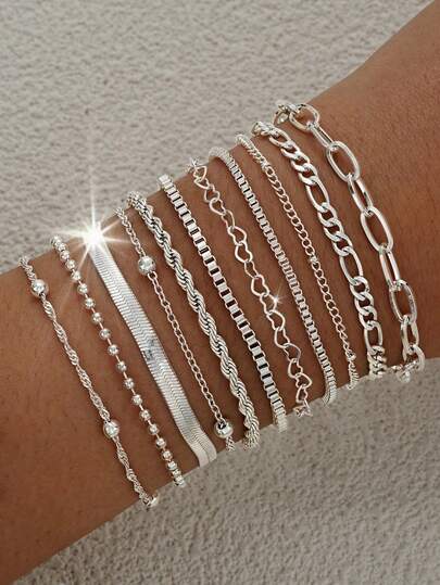 11pcs/5pcs Chic Minimalist Heart Beaded Snake Chain Bracelet Set, Exclusive Summer Party/Date Gift, Daily Match, Jewelry For Girlfriend/Friend