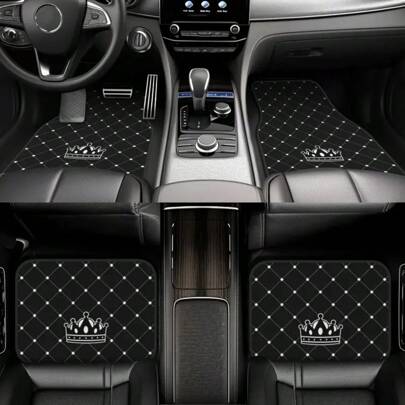 4pcs Car Floor Mats - Crown Printed Carpets, Non-Leather Material, Universal Fit Polyester Fiber Front & Rear Seat Car Mats - Suitable For Sedans, Coupes, SUVs, All-Weather Vehicle Interior Decors, Car Interior Accessories,Car Mats