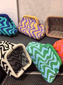 Bolso de embrague de punto a rayas y parches de moda, bolsa de maquillaje con estructura duradera y patrón ondulado de punto, bolsa de almacenamiento elegante para exteriores, bolsa de playa de vacaciones, bolsa de fiesta y noche, artículos de viaje portátiles de uso diario