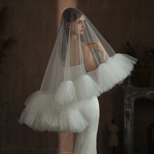 1 Pc Handmade Fluffy Lotus Leaf Edge White Double Layered Bridal Veil - White - View 3
