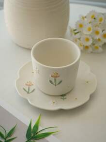 1 pieza Juego de taza y platillo de cerámica con asa, elegante taza de té con relieve floral pequeño y mariposa, taza de café/té de moda con asa, taza de agua para el hogar de vuelta a la escuela