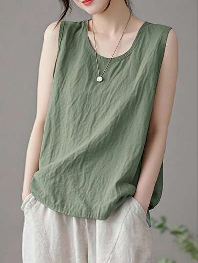 Plus Size Women Round Neck Casual Elegant Elegant Versatile Slim Commuting Solid Color Camisole Top, Spring Summer