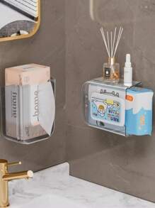 1pc Easy Install Deluxe Square Plastic Tissue Paper Holder - Wall Mounted, No-Drill Bathroom Storage Box For Facial Tissues & Wet Wipes, Organizer, Dispenser