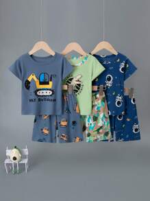 Set de 6 piezas de pijama corto con estampado de dinosaurios de dibujos animados y color de contraste, de manga corta y pantalones cortos, ropa de casa ligera de algodón para niños pequeños