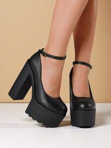 Women's Platform Elegant Mary Janes Goth Ankle Buckle Strap Chunky High Heels Pumps Stylish Minimalist Dress Versatile Y2k Punk Shoes - 黑色 - 查看 4