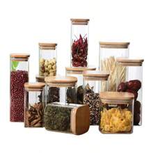 Frasco de almacenamiento de vidrio con tapa cuadrada de bambú, recipiente hermético transparente para granos de café, cereales, frutos secos